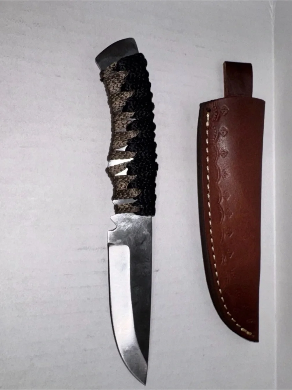 Custom Ashen Edge Knife 9” Blade 4.5” Cord Wrapped Handle Leather Sheath